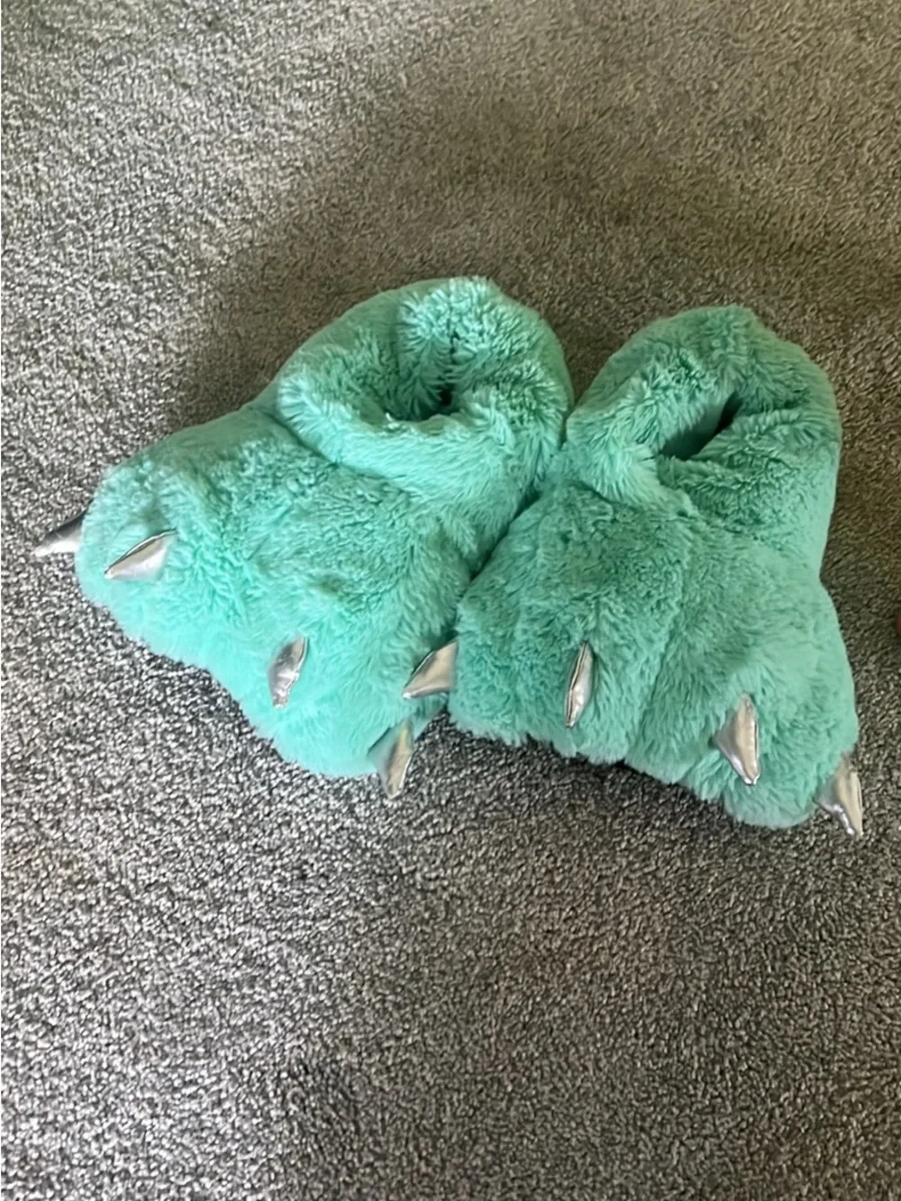 Justice Kids Plush Monster Slippers - Mint Green with Silver Claws